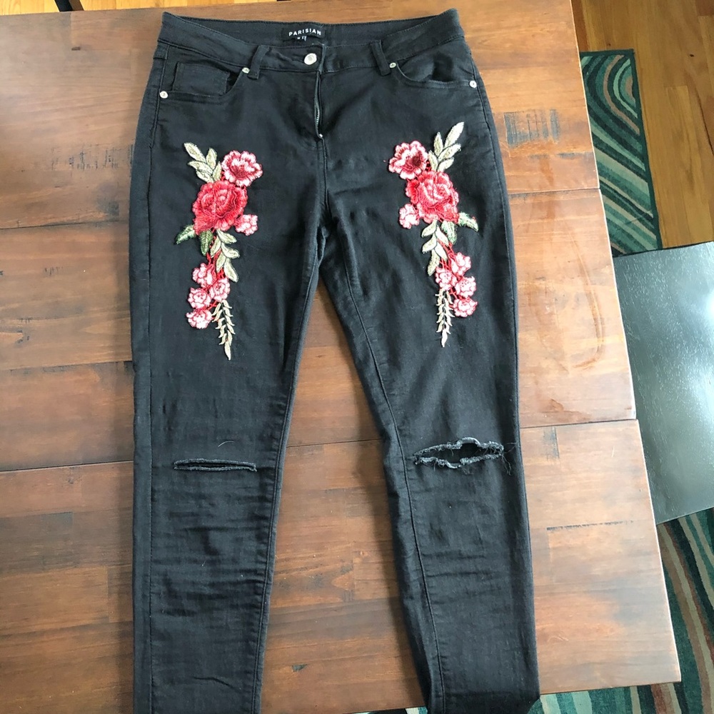Black Jeggings with Rose Embroidery- Size 8